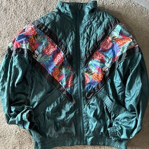 Vintage 90s Colorblock Windbreaker Jacket Teal Abstract Print Quilted Nylon Sz M